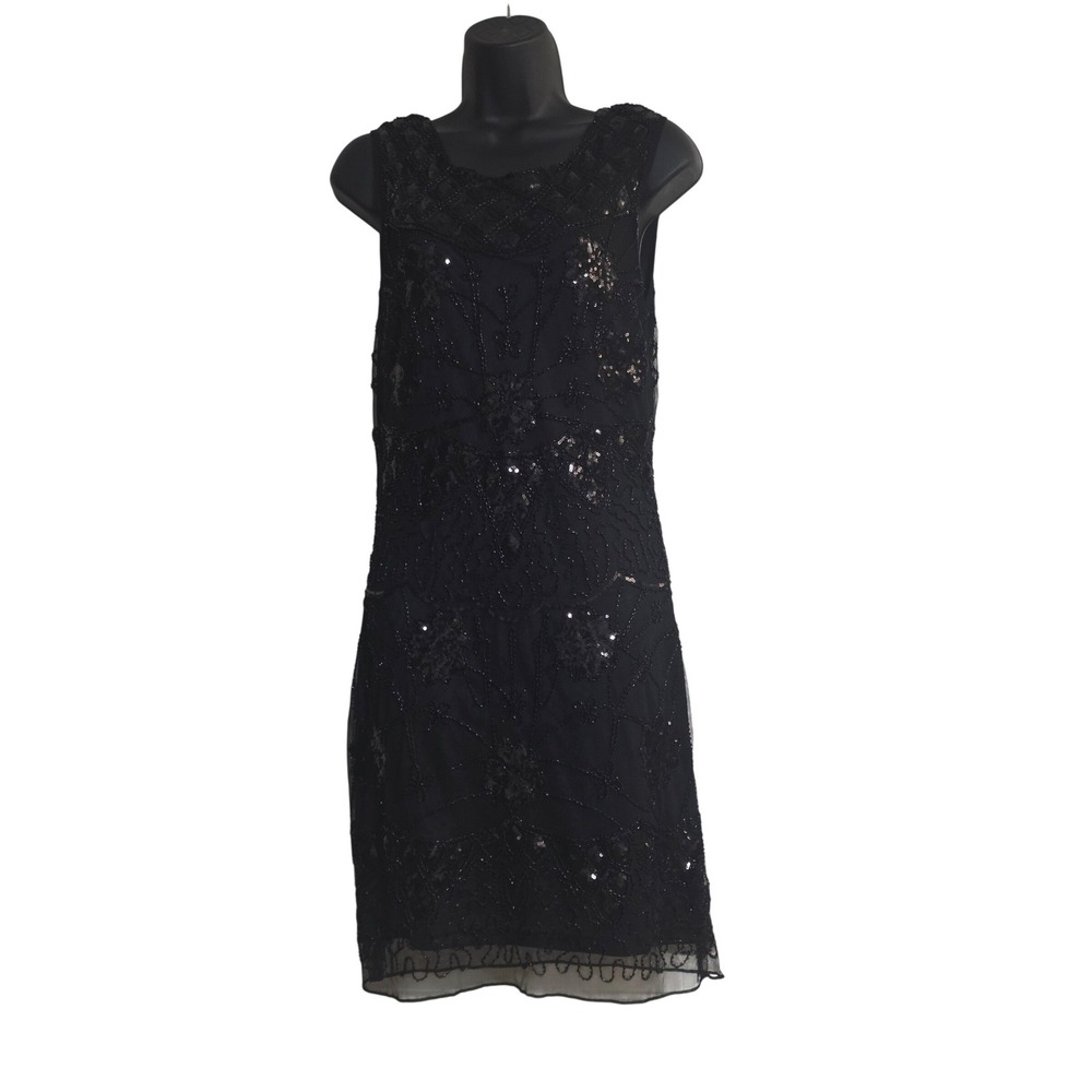 Holly Bracken Black Beaded Sequin Mesh Shift Ladies‎ Woven Dress Size M NWT